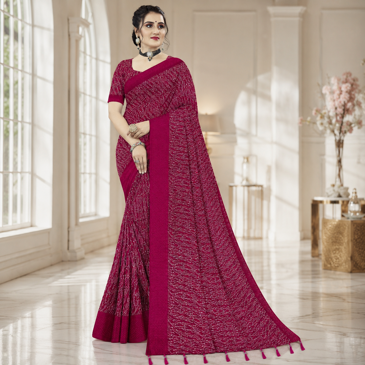 Women Floral Rani Pink Print Casual Saree