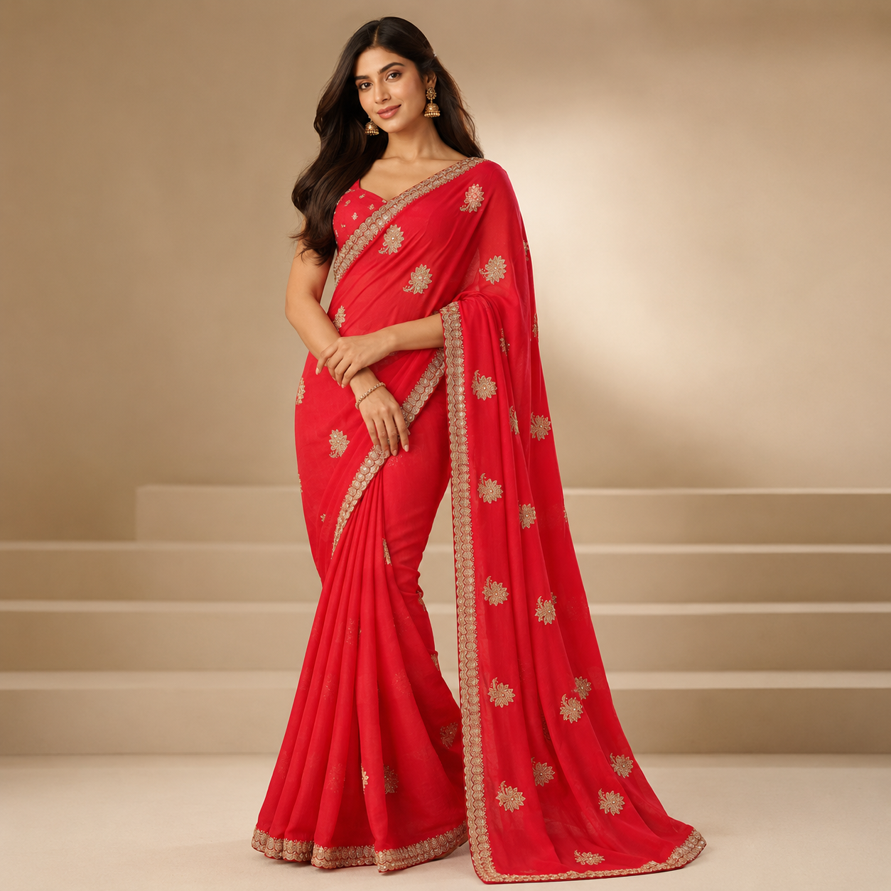 Womens Embroidered Saree with Elegant Gold Zari Border