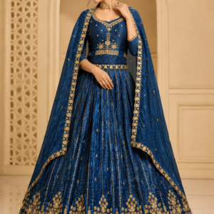 Blue Vichitra Silk Fabric Thread Embroidery Work Semi Stitched Lehenga Choli With Dupatta Set