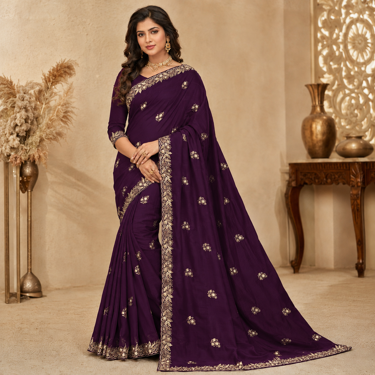 Womens Designer Embroidered Saree with Blouse