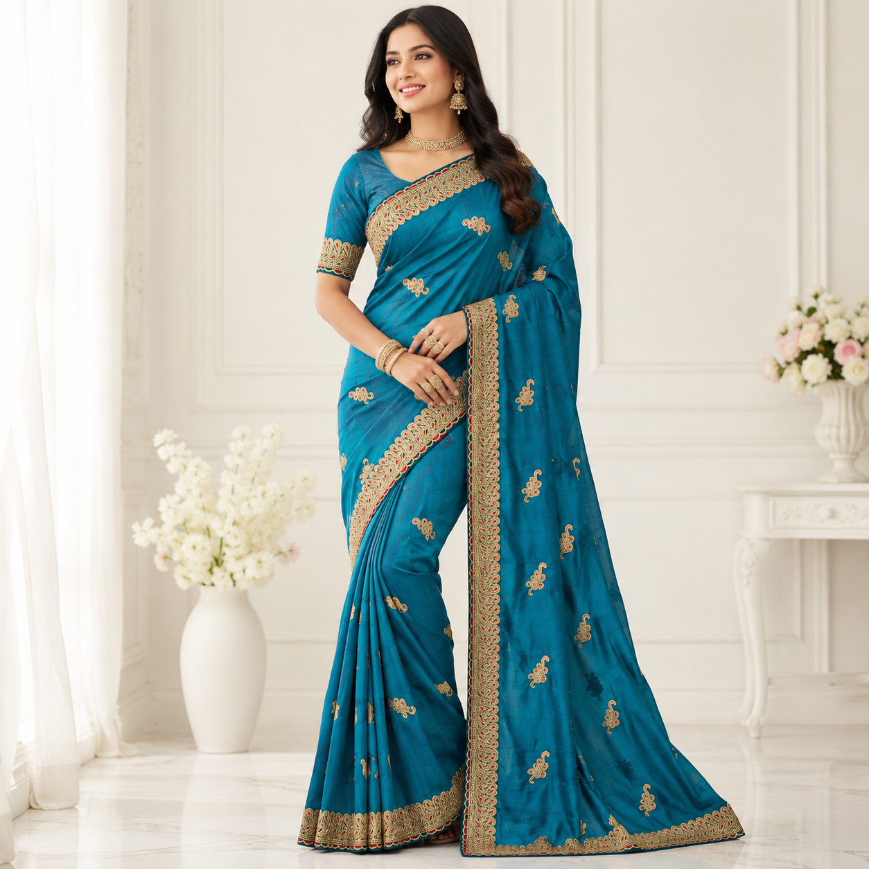 Elegant Heavy Fandy Satin Saree with Embroidery & Zari Work