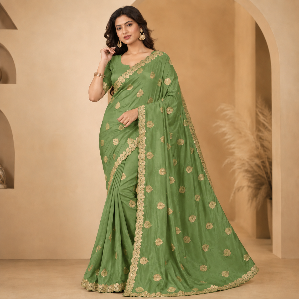 Womens Embroidery Work Scallop Border Saree With Blouse