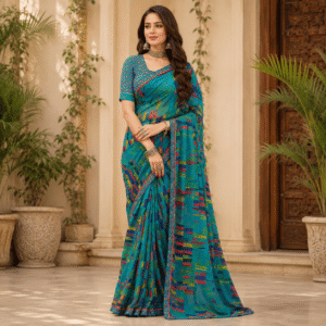 Women Printed Saree with Blouse -Blue & Multi