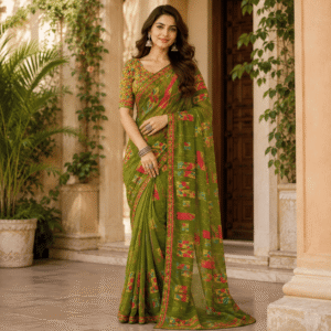 Women Printed Saree with Blouse -Olive & Multi