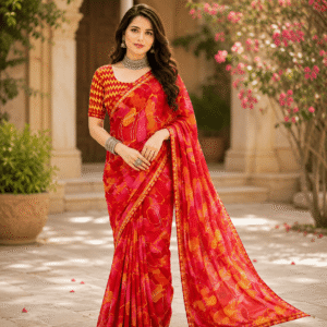 Women Printed Saree with Blouse -Red & Multi
