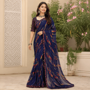 Women Printed Saree with Blouse -Dark Blue