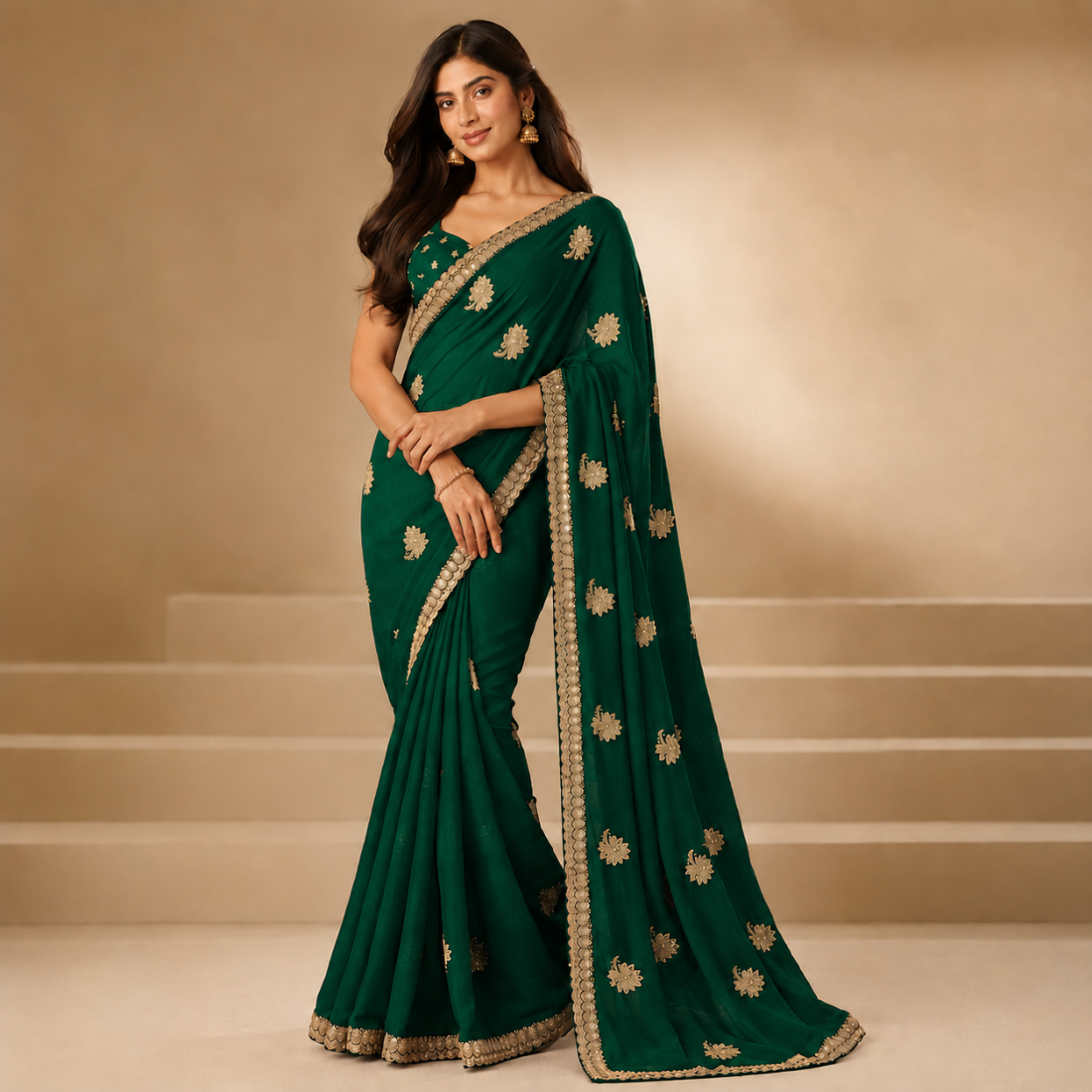 Womens Embroidered Saree with Elegant Gold Zari Border