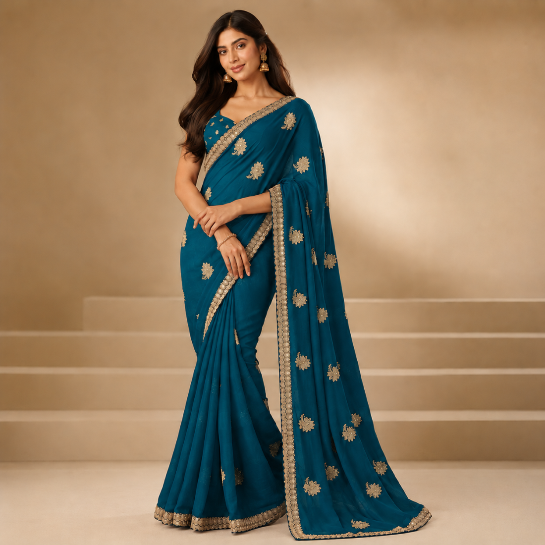 Womens Embroidered Saree with Elegant Gold Zari Border