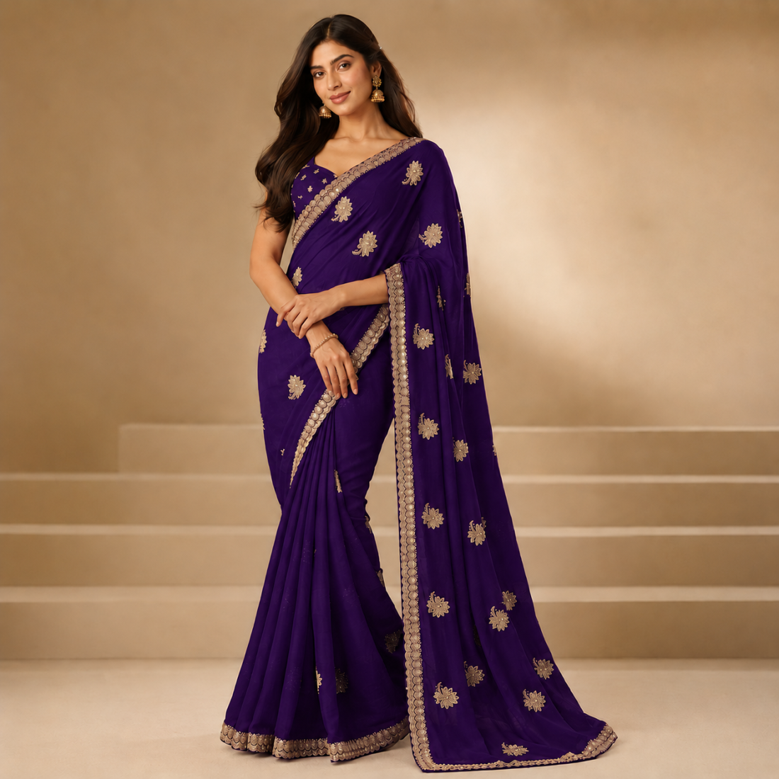 Womens Embroidered Saree with Elegant Gold Zari Border