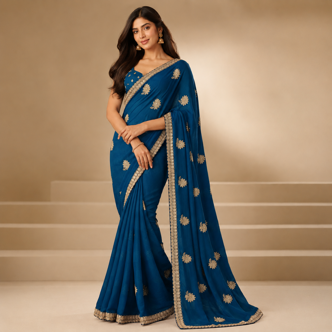 Womens Embroidered Saree with Elegant Gold Zari Border