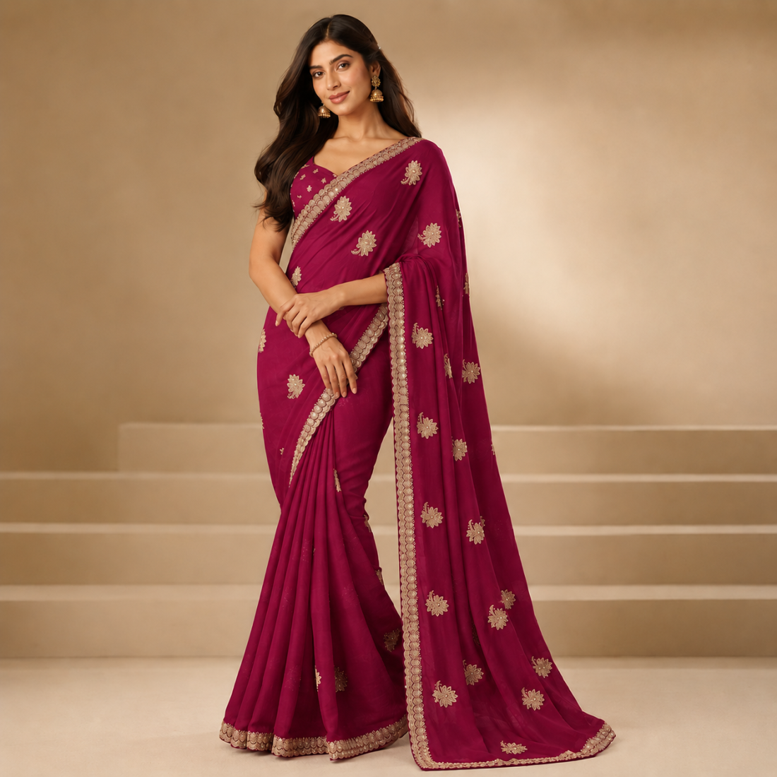 Womens Embroidered Saree with Elegant Gold Zari Border