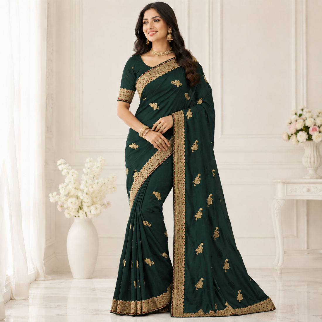 Elegant Heavy Fandy Satin Saree with Embroidery & Zari Work