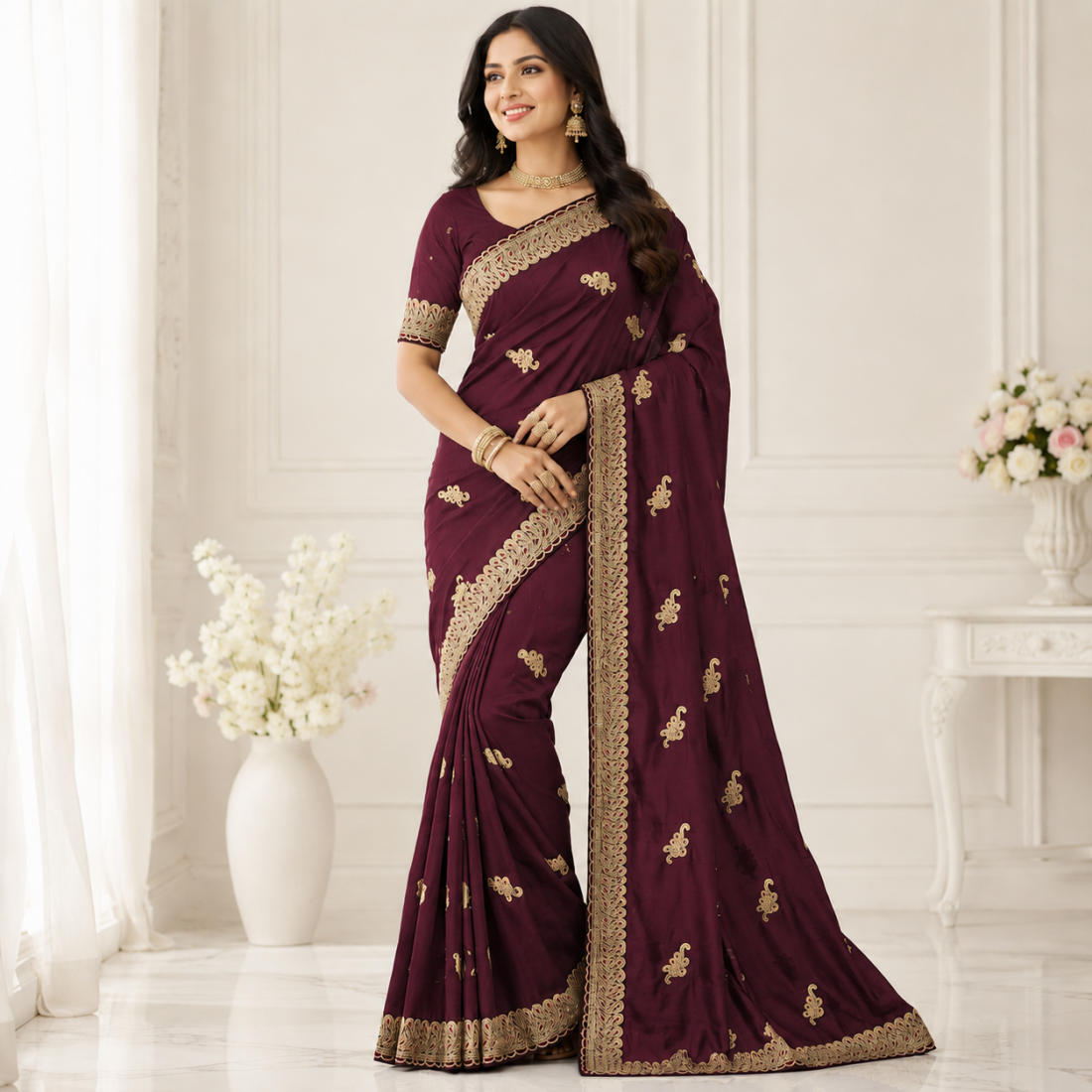 Elegant Heavy Fandy Satin Saree with Embroidery & Zari Work