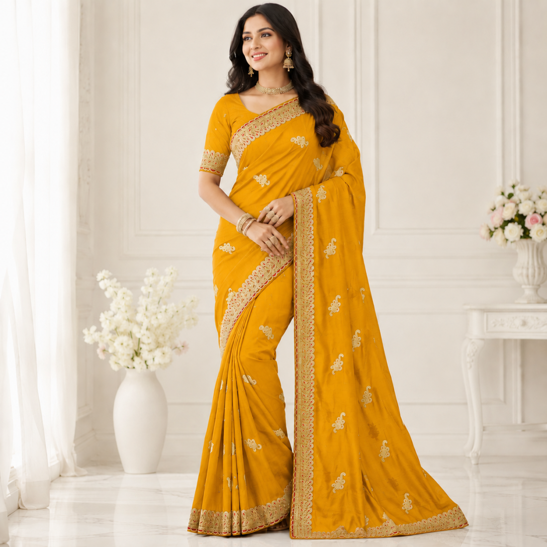 Elegant Heavy Fandy Satin Saree with Embroidery & Zari Work