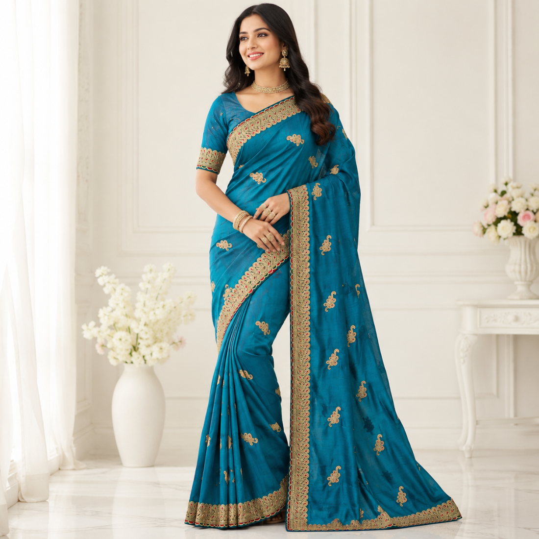 Elegant Heavy Fandy Satin Saree with Embroidery & Zari Work