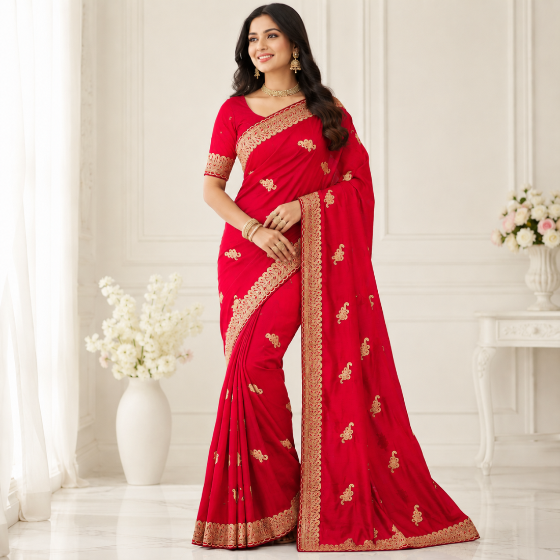 Elegant Heavy Fandy Satin Saree with Embroidery & Zari Work