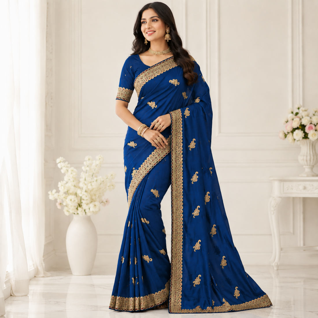 Elegant Heavy Fandy Satin Saree with Embroidery & Zari Work