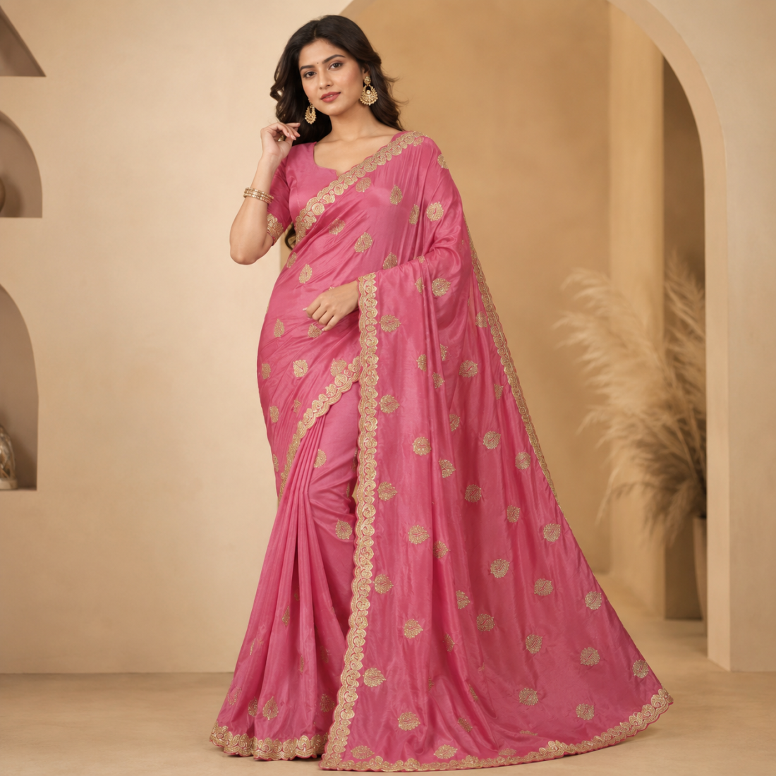 Womens Embroidery Work Scallop Border Saree With Blouse