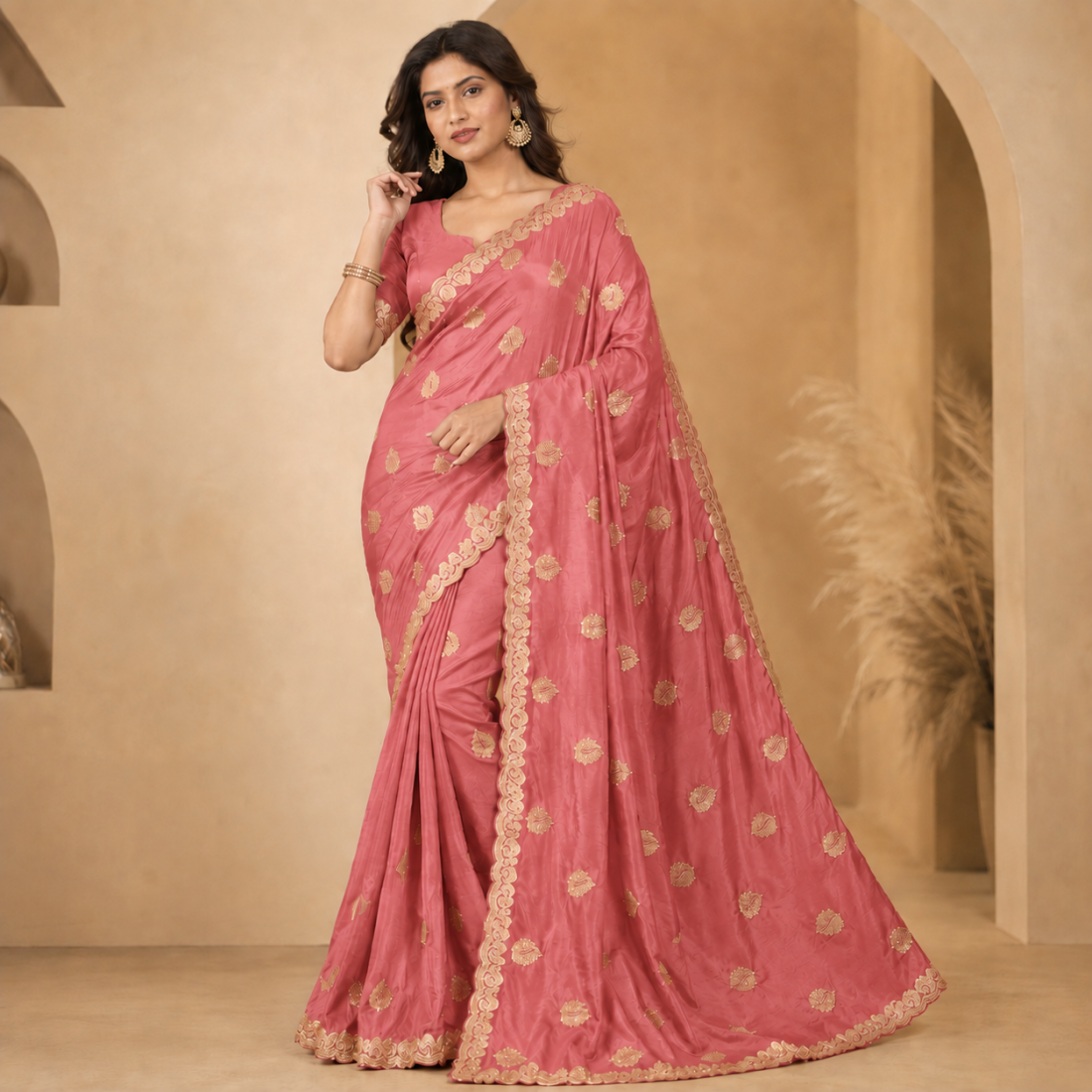 Womens Embroidery Work Scallop Border Saree With Blouse