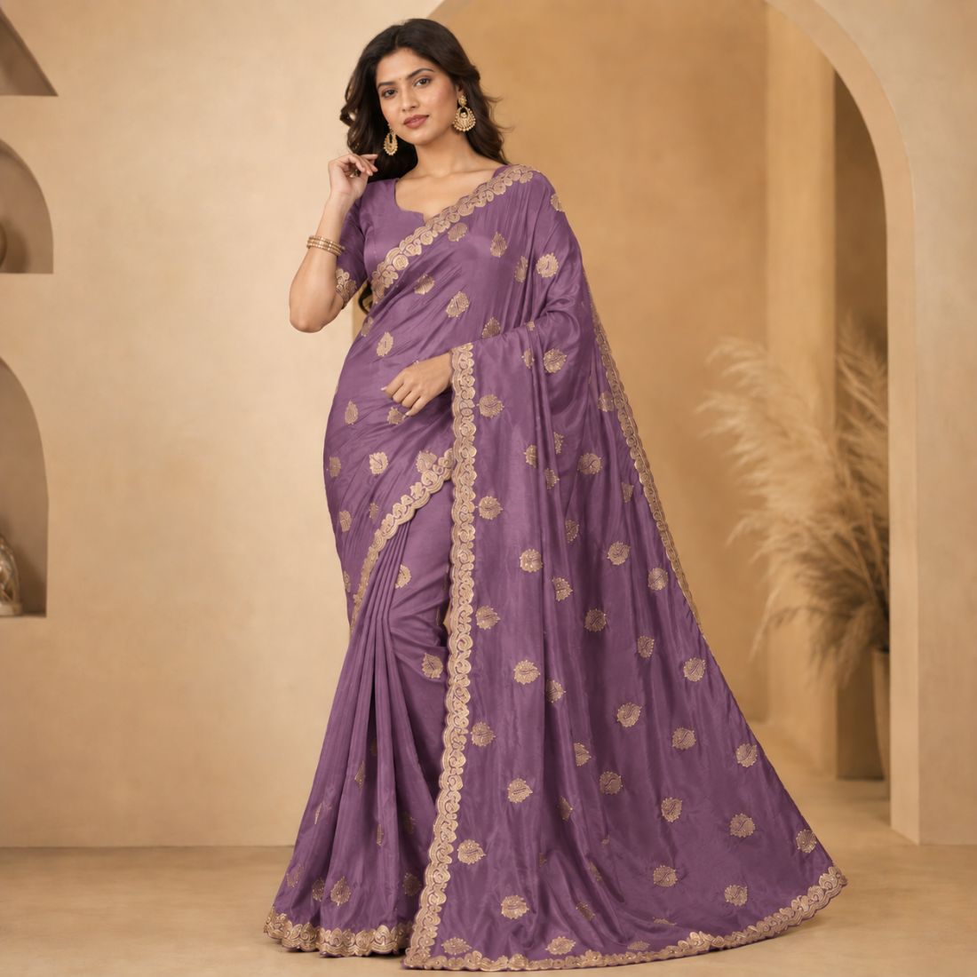 Womens Embroidery Work Scallop Border Saree With Blouse