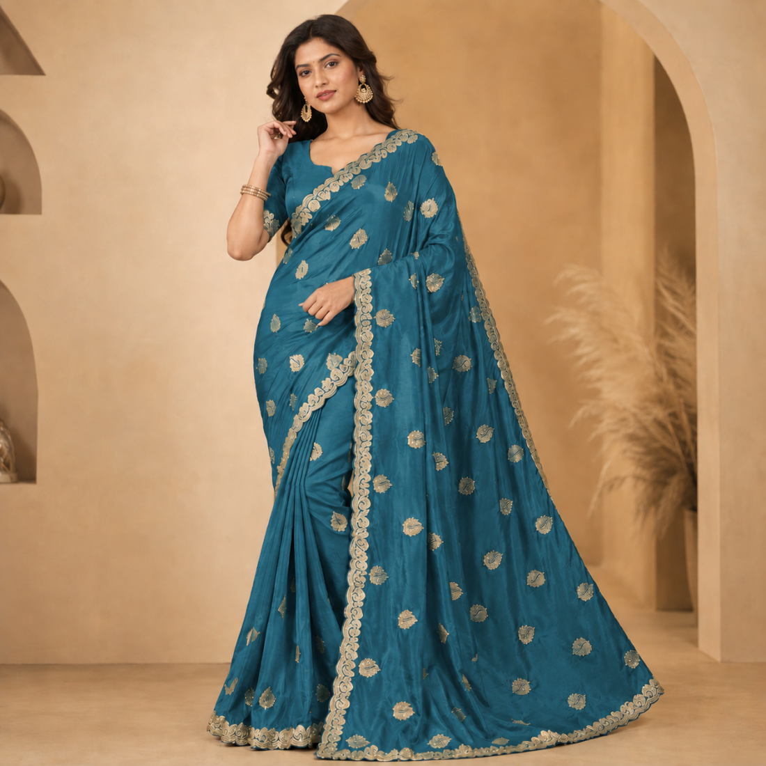 Womens Embroidery Work Scallop Border Saree With Blouse