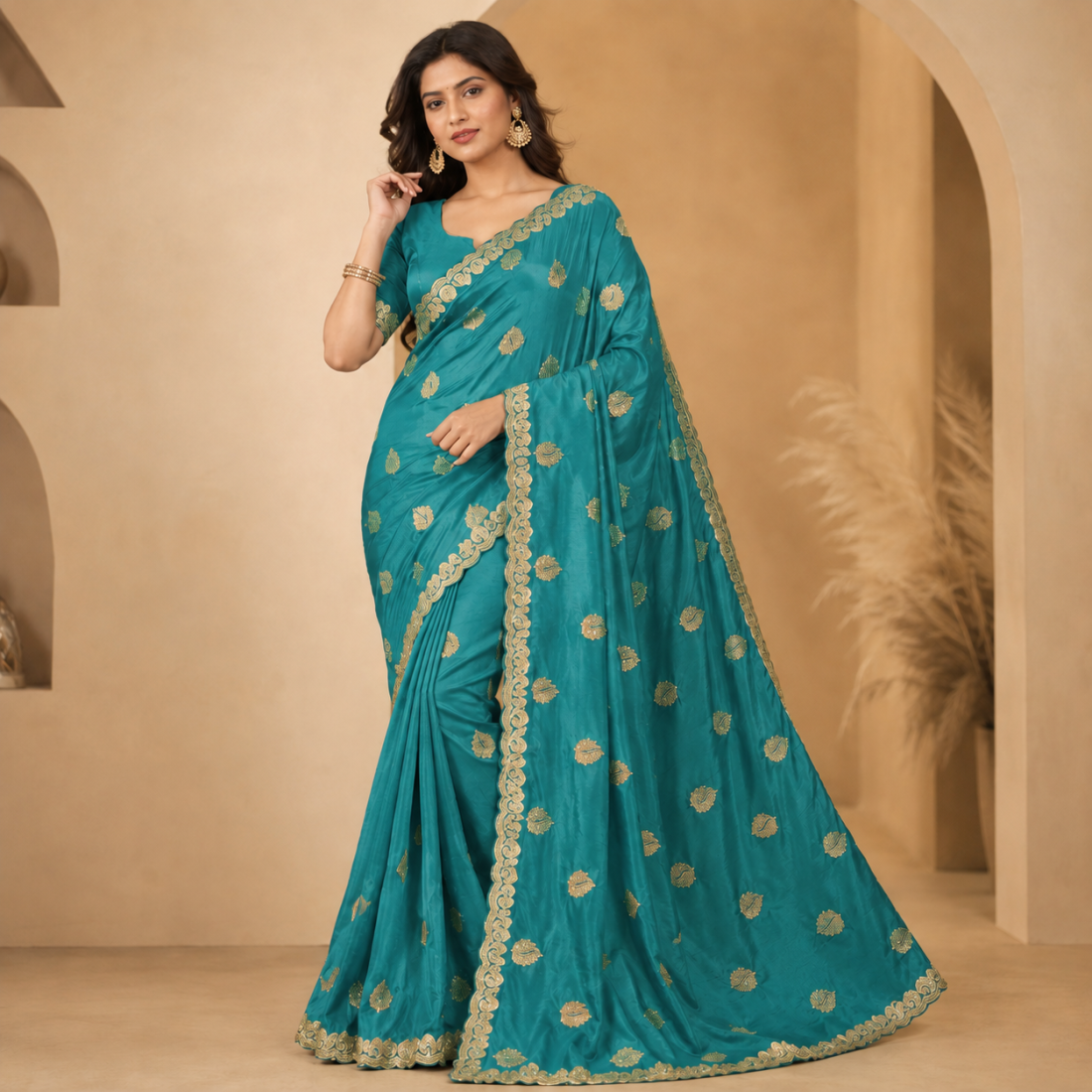 Womens Embroidery Work Scallop Border Saree With Blouse