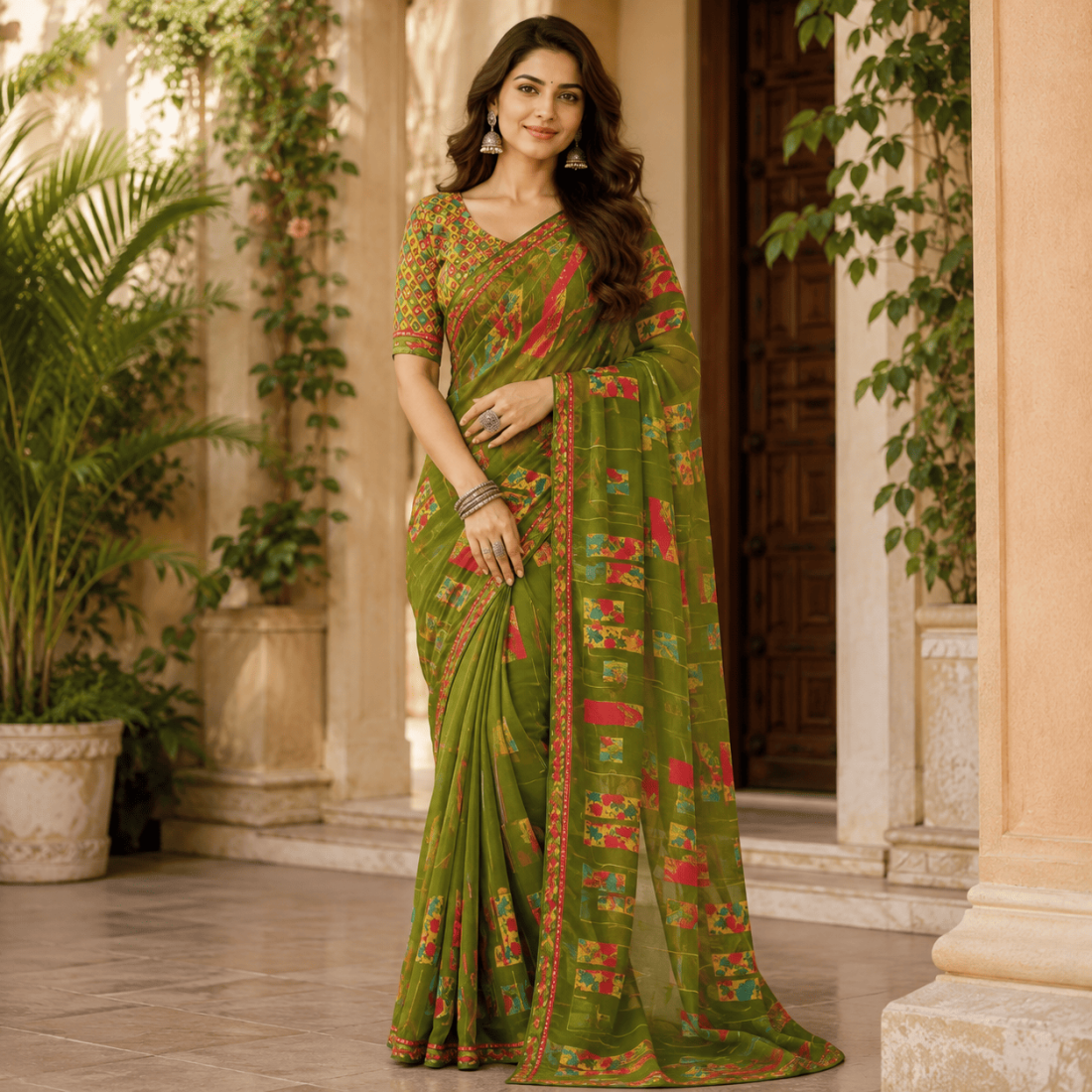 Women Pattern Saree-Olive