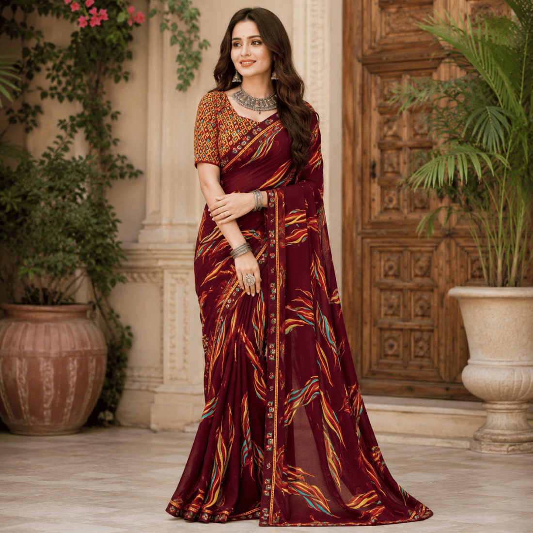 Women Pattern Saree-Wine