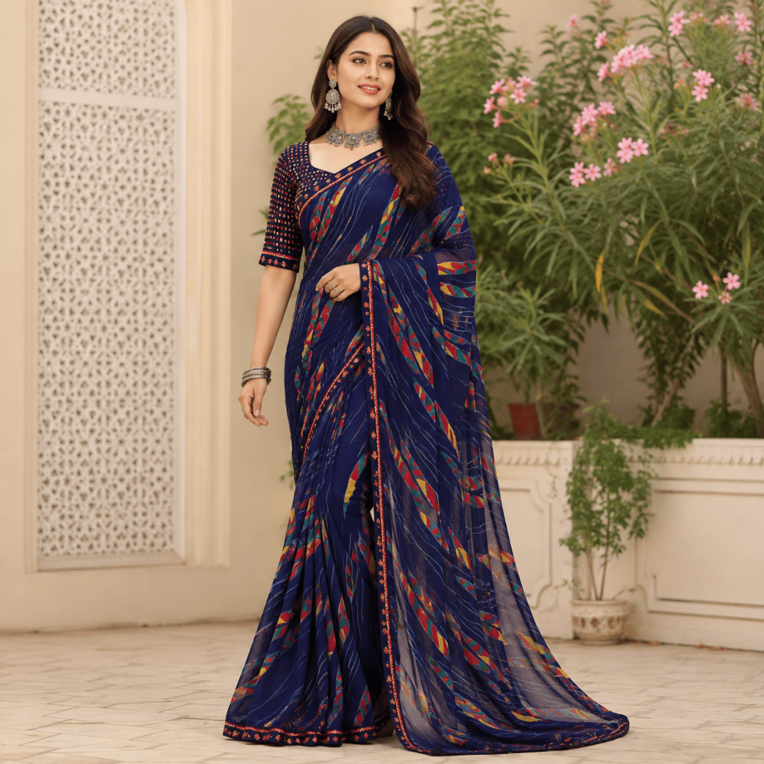 Women Stripe Pattern Saree-Dark Blue