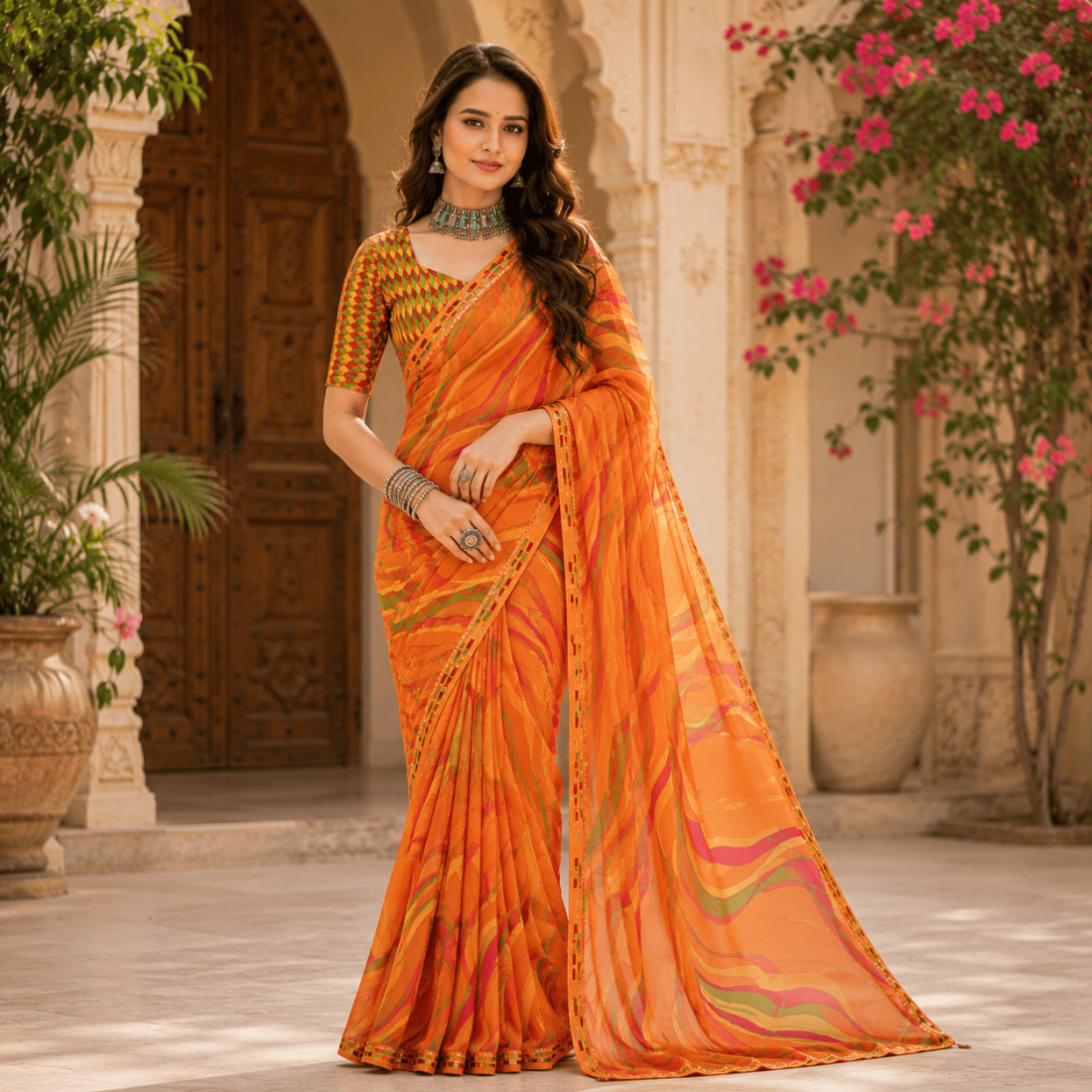 Women Stripe Pattern Saree-Orange