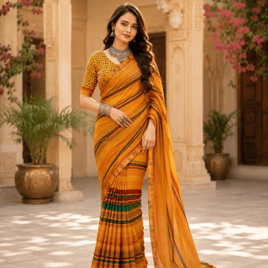 Women Stripe Printed Saree-Yellow